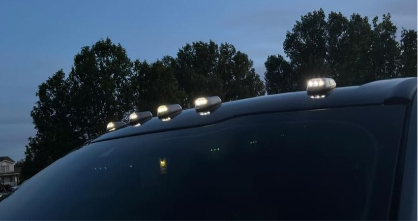 Close-up of LED cab lights for trucks, solar-powered with vibration activation at night and automatic shut-off in daylight